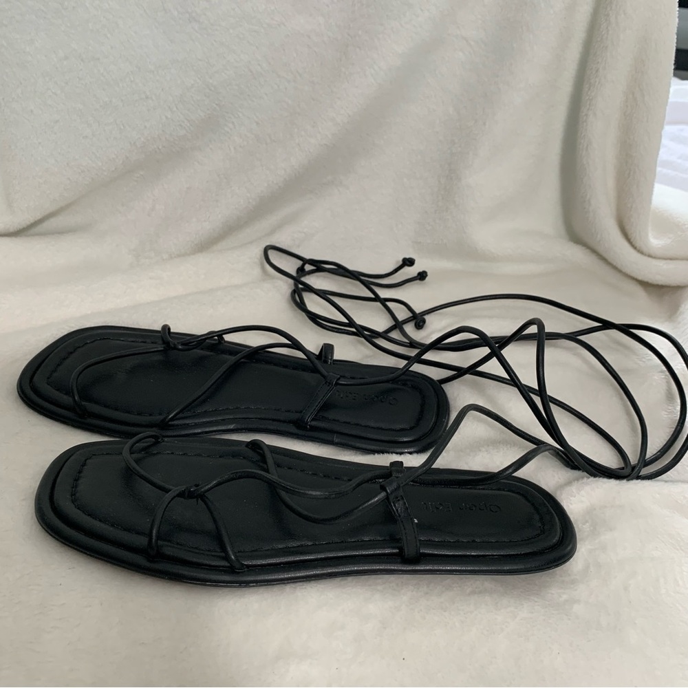 Open Edit Black flat lace up‎ leg casual dressy sandals